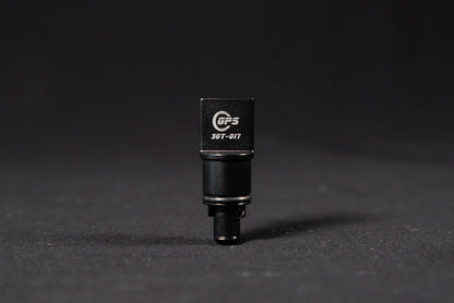 Black anodized CNC-machined 6061 aluminum lower radiator hose drain plug by GPS, featuring etched logo and 3.0T-017 marking – premium upgrade for Audi 3.0T engines.