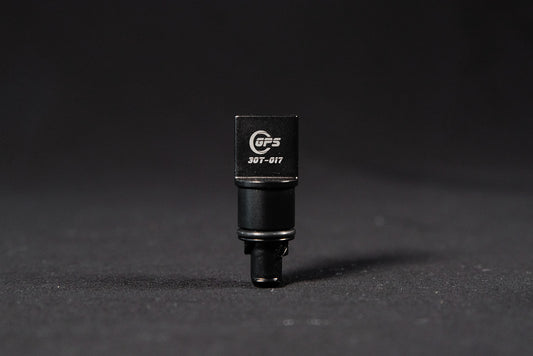 Black anodized CNC-machined 6061 aluminum lower radiator hose drain plug by GPS, featuring etched logo and 3.0T-017 marking – premium upgrade for Audi 3.0T engines.