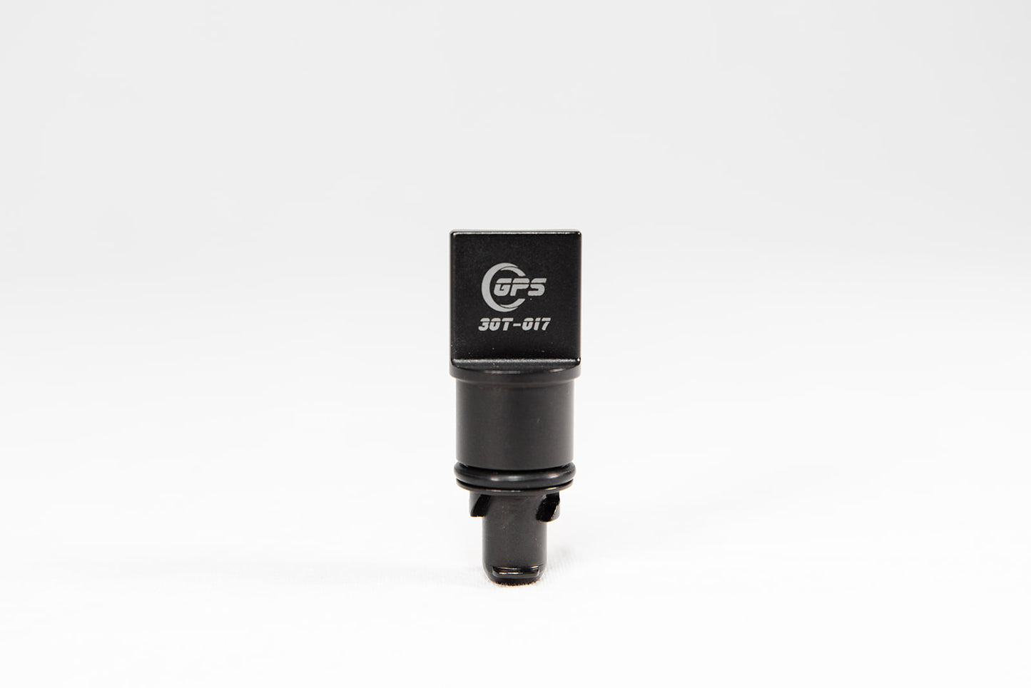 Black anodized CNC-machined 6061 aluminum lower radiator hose drain plug by GPS, featuring etched logo and 3.0T-017 marking – premium upgrade for Audi 3.0T engines.