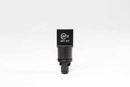 Black anodized CNC-machined 6061 aluminum lower radiator hose drain plug by GPS, featuring etched logo and 3.0T-017 marking – premium upgrade for Audi 3.0T engines.