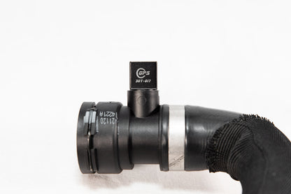 Black anodized CNC-machined 6061 aluminum lower radiator hose drain plug by GPS, featuring etched logo and 3.0T-017 marking – premium upgrade for Audi 3.0T engines.